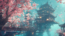 Traditional Japanese Pagoda Among Cherry Blossoms