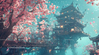 Traditional Japanese Pagoda Among Cherry Blossoms