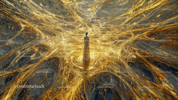 Golden Ethereal Figure in Abstract Flowing Patterns