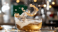 Dynamic Golden Liquid Splash in Glass Bowl