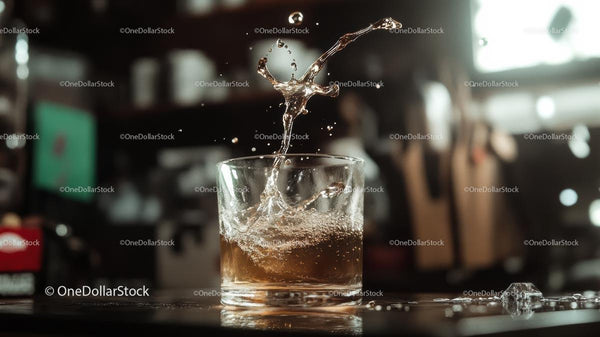 Dynamic Whiskey Splash in Bar Setting