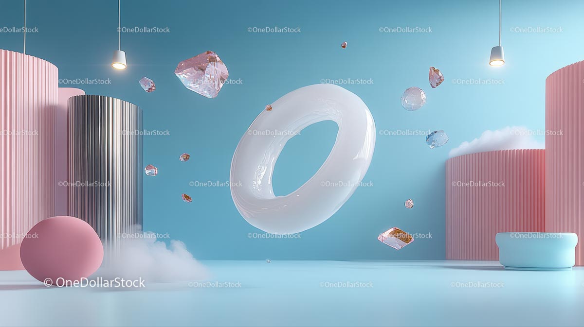 Abstrakcyjna minimalistyczna scena z pływającymi kształtami 3D