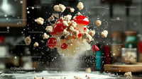 Red Candy Mushrooms in Dynamic Dessert Explosion