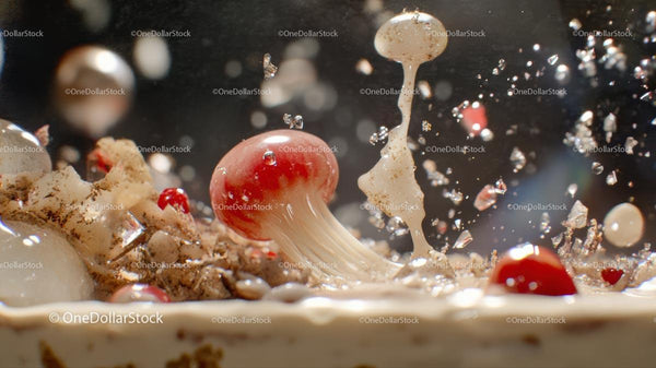 Dynamic Milk Splash with Red Cherry in Motion