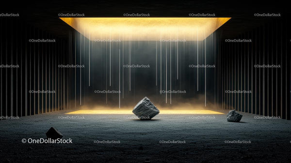 Surreal Room with Golden Light and Concrete Rocks