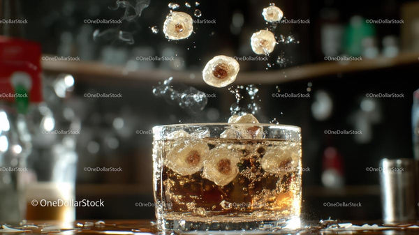 Whiskey Splashing with Ice Cubes in Glass