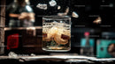 Whiskey Glass with Ice and Bubbles in Dim Light