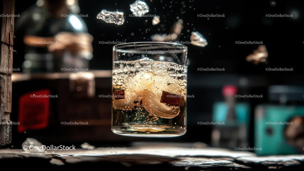 Whiskey Glass with Ice and Bubbles in Dim Light