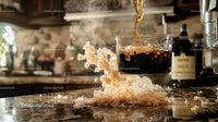 Steaming Coffee Splashing on Granite Kitchen Counter