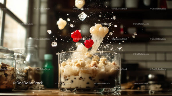 Explosive Dessert with Ice Cream and Cherries in Motion