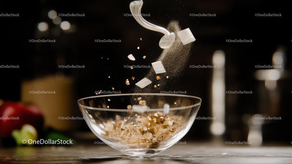 Sugar Cubes Splashing into Glass Bowl in Kitchen