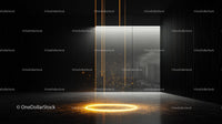 Futuristic Interior with Glowing Circle and City Skyline