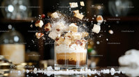 Dynamic Explosion of Sugar Cubes Over a Delicious Dessert