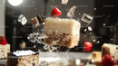 Dynamic Floating Cheesecake with Strawberries and Ice Cubes