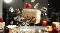 Dynamic Floating Cheesecake with Strawberries and Ice Cubes