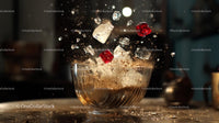 Ice Cubes and Red Dice Splashing from Glass Bowl