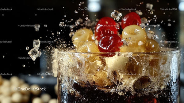 Refreshing Cola Splash with Ice and Juicy Cherries