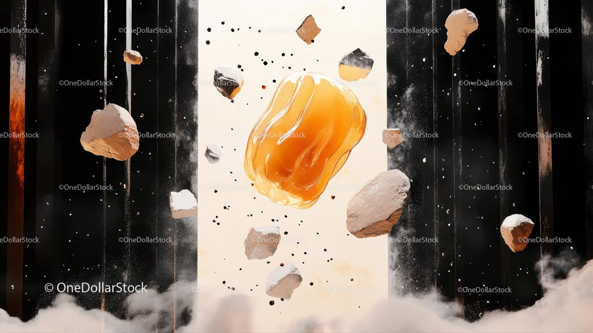 Pływający Obiekt Bursztynowy w Surrealistycznej Scenie Czarno-Pomarańczowej