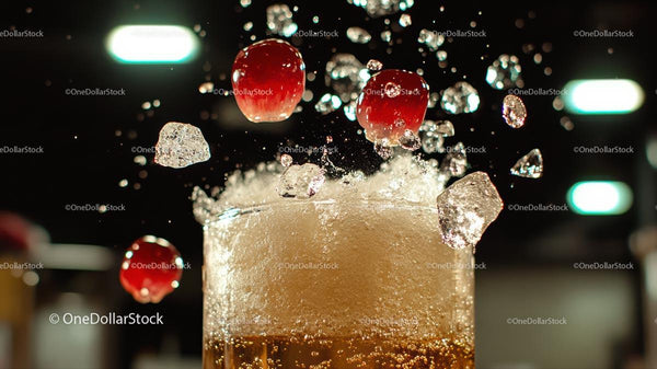 Ice Cold Beer With Splashing Berries and Ice Cubes