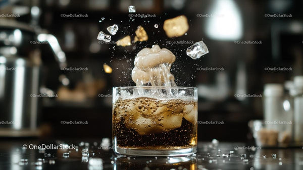 Refreshing Cola Splash with Ice Cubes in Motion