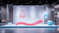 Modern Art Installation with Pink Sculpture and Blue Accents