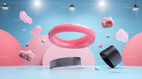 Surreal Floating Shapes with a Pink Sphere on Blue