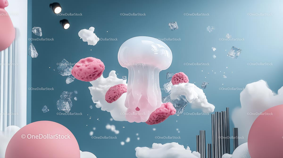 Surrealistyczne pływające meduzy w onirycznej, abstrakcyjnej scenie