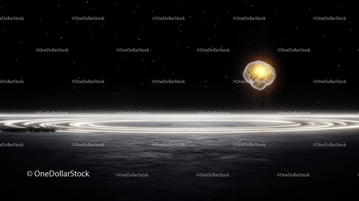 Świecące pierścienie meteorów i planet w gwiaździstej przestrzeni