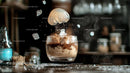 Gourmet Chocolate Dessert with Ice Cubes and Milk Splash