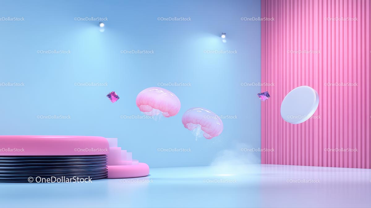 Surrealistyczne różowe meduzy w nowoczesnym pastelowym wnętrzu