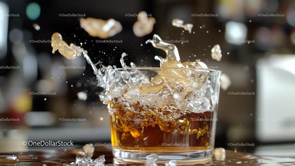 Refreshing Splash of Whiskey with Ice Cubes