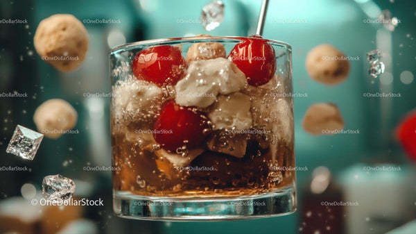 Refreshing Cocktail with Cherries and Ice Cubes