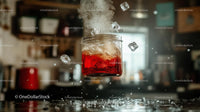 Chilled Red Beverage with Floating Ice Cubes in a Jar