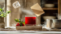Cranberry Juice with Floating Ice Cube in Sunlit Setting