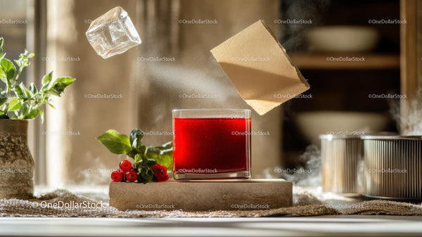 Cranberry Juice with Floating Ice Cube in Sunlit Setting