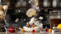 Dynamic Explosion of Ice and Toppings over Dessert Bowl