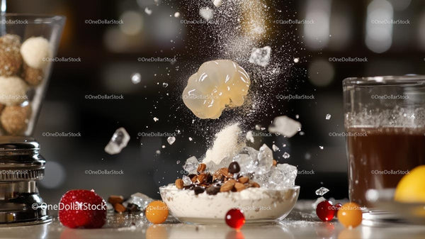 Dynamic Explosion of Ice and Toppings over Dessert Bowl