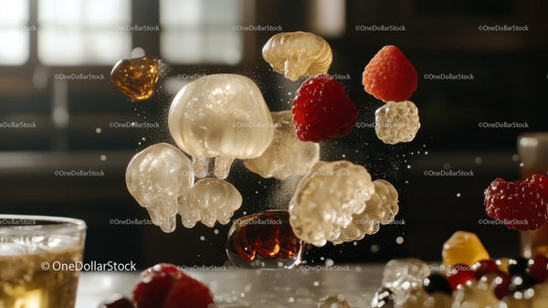 Vibrant Raspberries and Gelatin Candies in Mid-Air