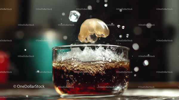 Ice Cube Falling into Glass of Fizzy Cola