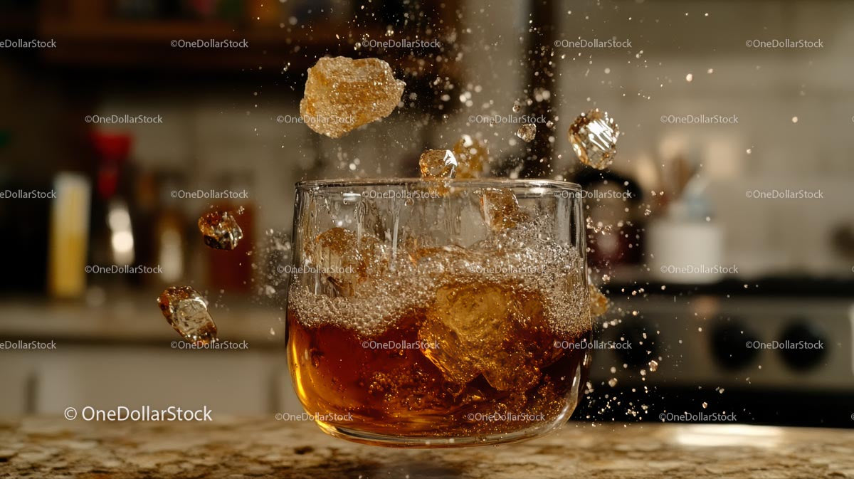 Dynamiczny plusk whisky i kostek lodu w szklance