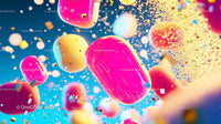 Vibrant Pink Capsules and Yellow Particles in Abstract 3D Art