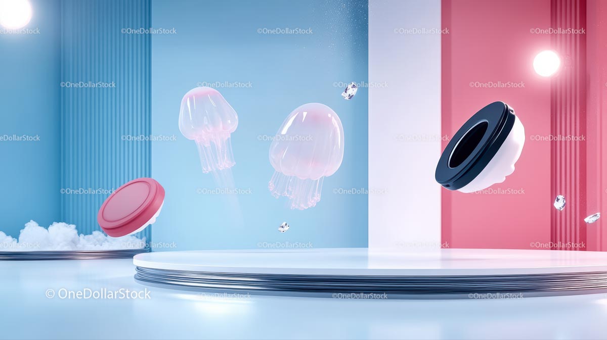 Surrealistyczne pływające meduzy w minimalistycznej, abstrakcyjnej scenie