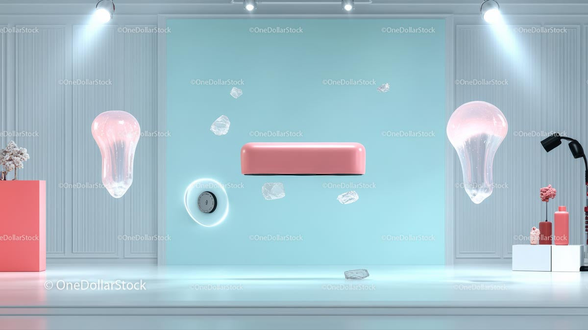 Futurystyczna instalacja artystyczna z różowymi i niebieskimi akcentami