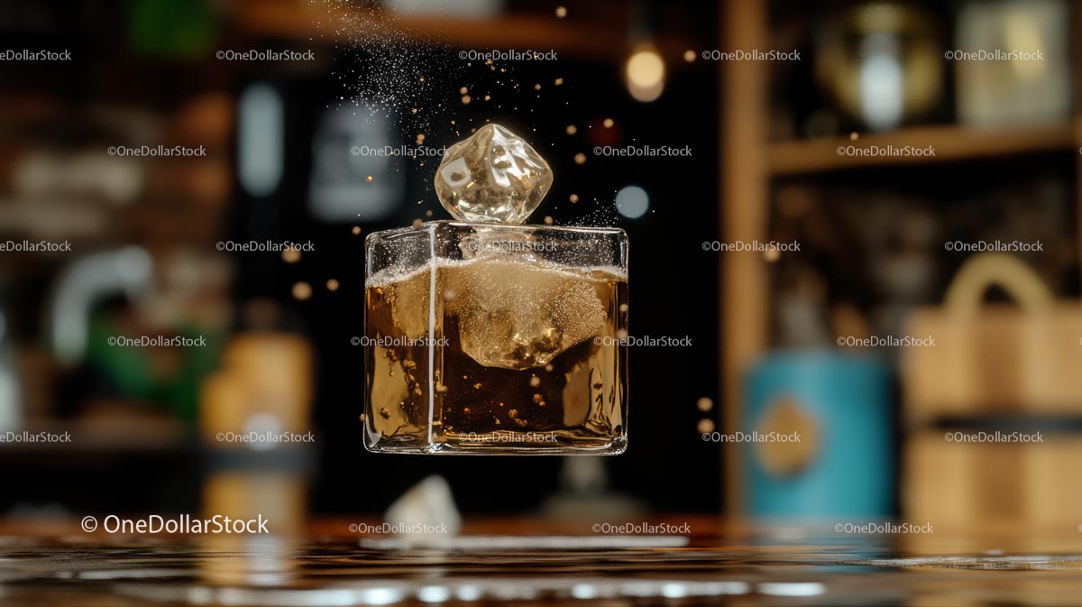 Pływająca szklanka do whisky z kostką lodu w barze