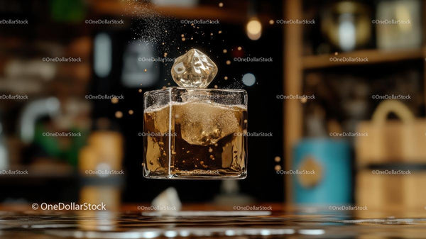 Floating Whiskey Glass with Ice Cube in Bar Setting
