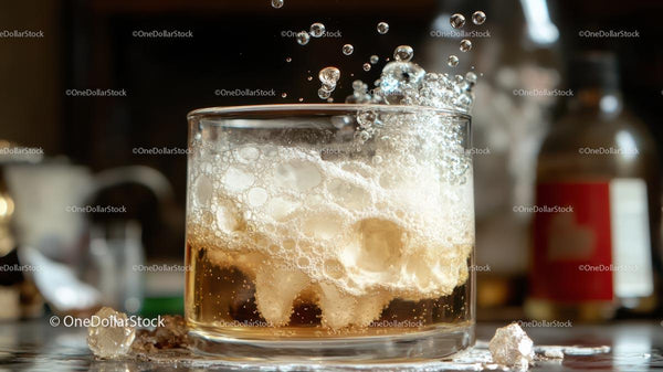 Refreshing Whiskey with Ice Cubes and Rising Bubbles