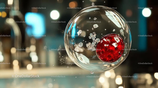 Red Sphere and Ice Crystals in Transparent Bubble
