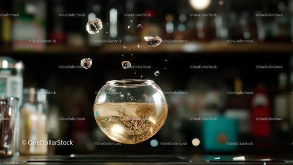 Floating Drink with Ice Cubes and Bubbles in Bar Setting
