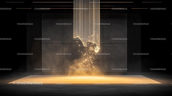 Futuristic Installation with Glowing Particles and Golden Light