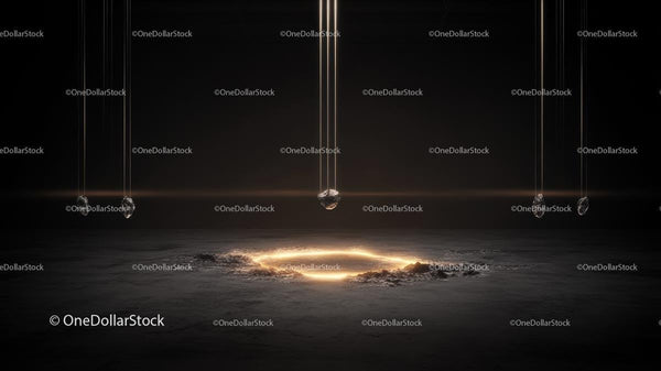 Abstract Art Installation with Glowing Circle and Crystals